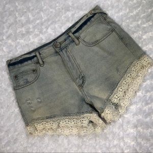 FREE PEOPLE Lace Trimmed Denim Shorts